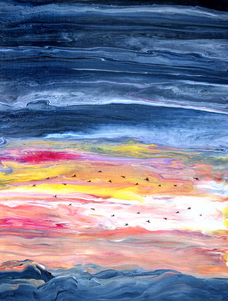 Geese in a Winter Sky Original Pour Painting Oregon Sunset Landscape