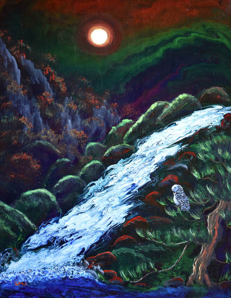 Owl by a Waterfall Original Painting Moonlight Landscape