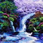 Heavenly Trees Above a Waterfall Original Painting Zen Japanese Garden Landscape with Egret