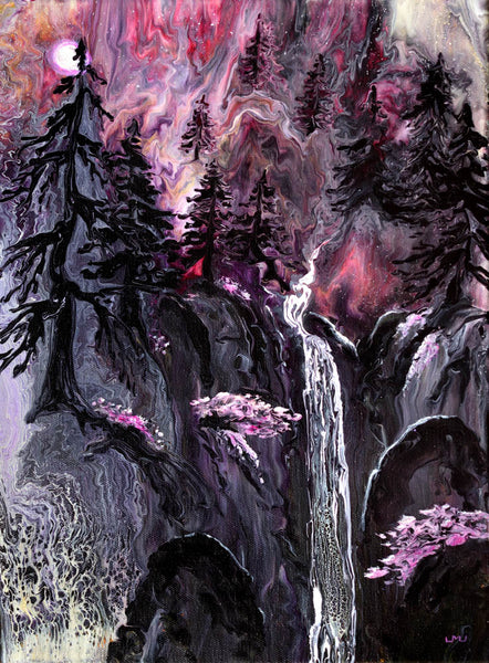Waterfall in Dark Pine Trees Original Painting Laura Milnor Iverson