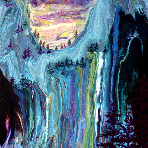 Sunset Waterfalls Fantasy Original Pour Painting Laura Milnor Iverson Colorful Landscape