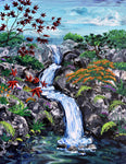 Triple Waterfall and Turtle Original Painting Laura Milnor Iverson Japanese Garden Landscape
