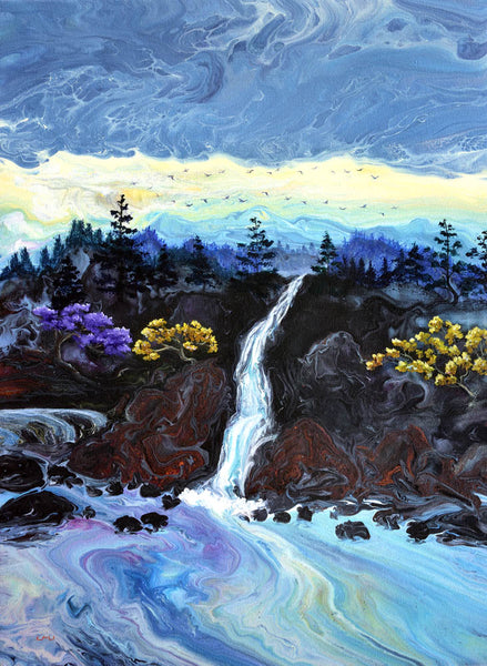 Early Morning Waterfall Original Painting Laura Milnor Iverson Oregon Waterfall Landscape
