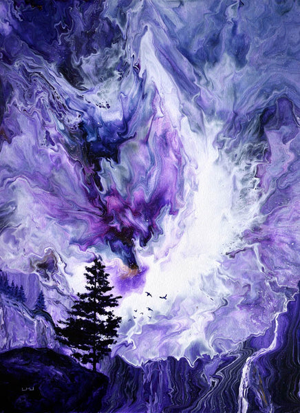 Lone Pine Tree Over Waterfall Canyon Original Painting Laura Milnor Iverson Purple Landscape Pacific Northwest