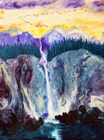 Sunset Waterfall Through Purple Mountains Original Painting Laura Milnor Iverson Pacific Northwest Oregon Landscape
