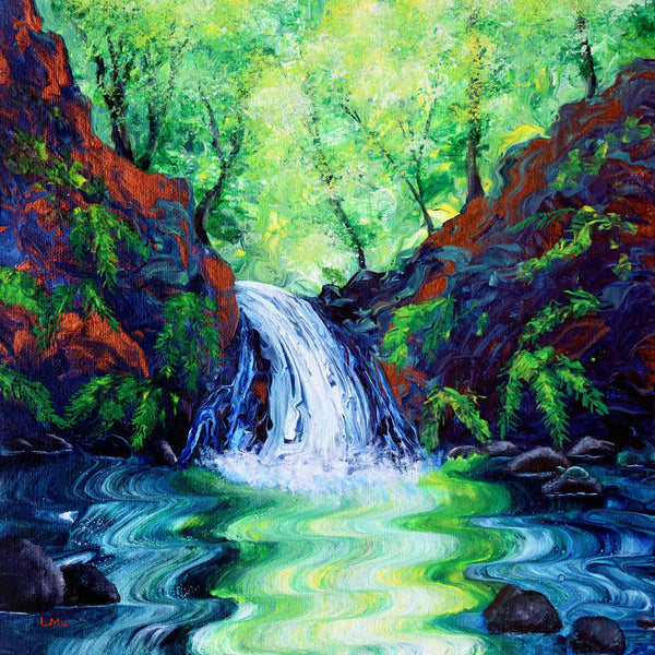Sunny St Patrick's Day by a Waterfall Original Painting Green Oregon Landscape