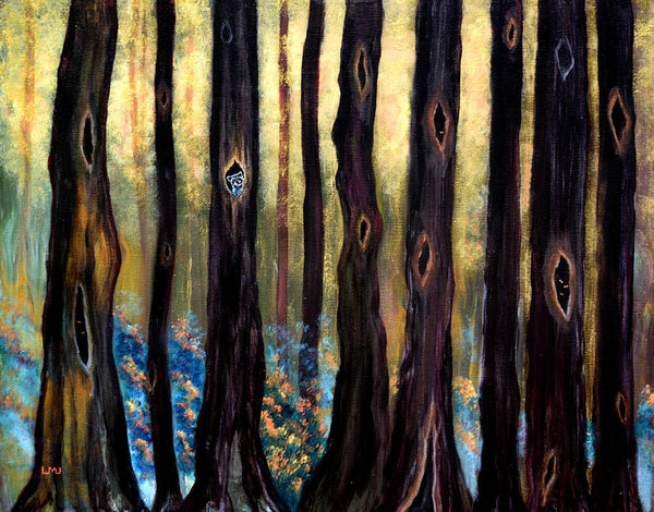 Raccoon in a Tree Hollow Original Painting Spooky Forest Landscape