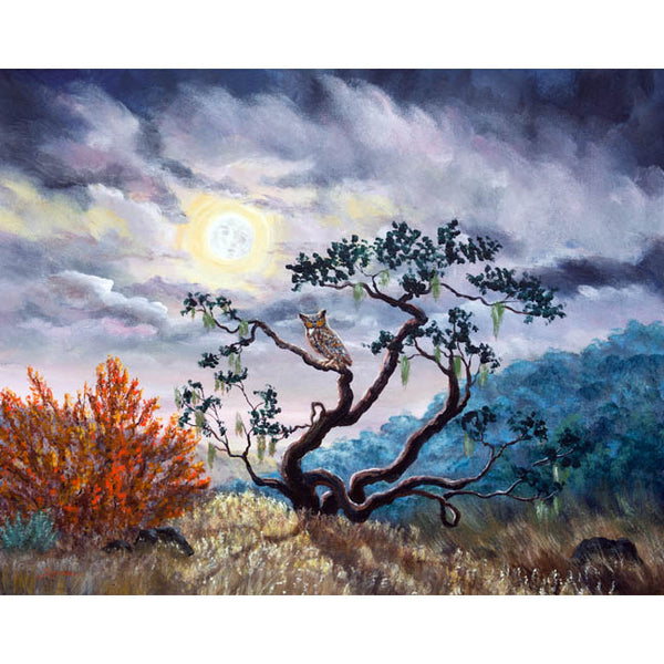 Horned Owl on Moonlit Oak Tree Original Painting - Prints Available