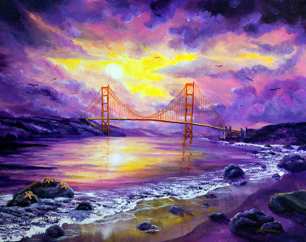 Dreaming of San Francisco Original Painting Golden Gate Bridge Purple Seascape