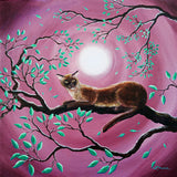 Chocolate Burmese Cat in Dancing Leaves Original Painting - Laura Milnor Iverson Official Site