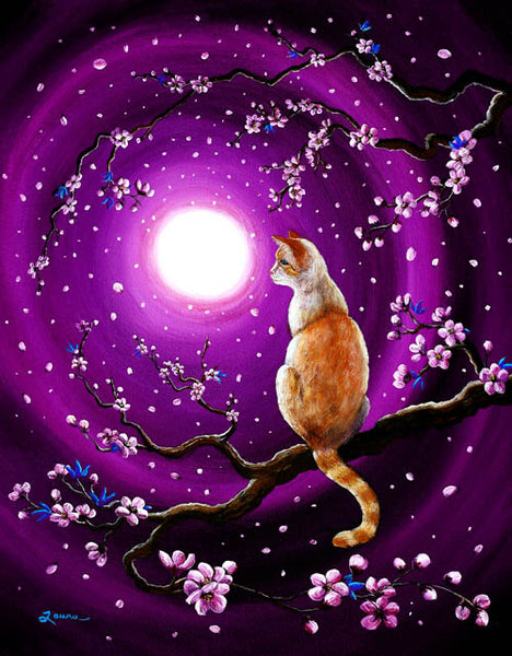 Flame Point Siamese Cat In Dancing Cherry Blossoms Original Painting - Prints Available