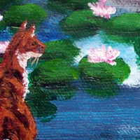 Calico Cat At Koi Pond Original Painting - Prints Available