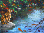 Autumn Reflections Tortoiseshell Cat Koi Pond Japanese Garden Original Painting