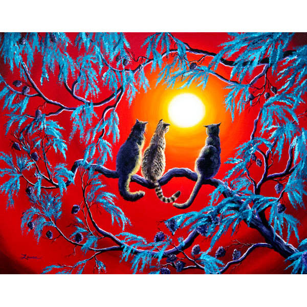 Three Cats in a Bright Red Sunset Original Painting