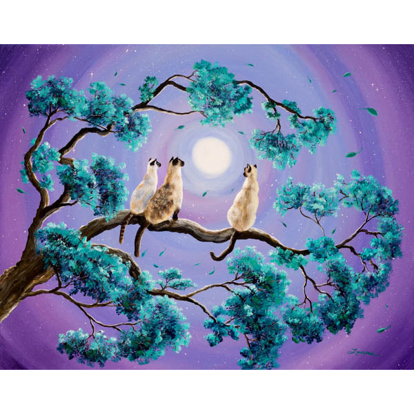 Three Siamese Cats in Moonlight Original Painting Laura Milnor Iverson ZenBreeze