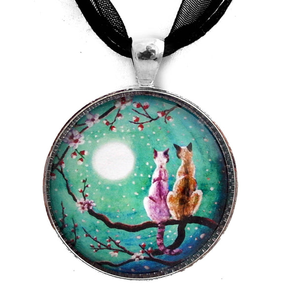 Siamese Cats in Teal Moonlit Cherry Blossoms Handmade Pendant - Laura Milnor Iverson Official Site